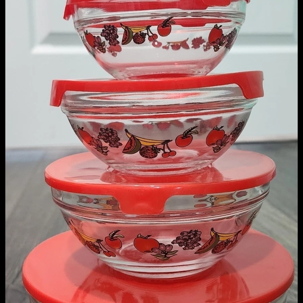 Set of 5 Durable Imperial Glass Nesting Prep Bowls Fruit Pattern Design W/Lids